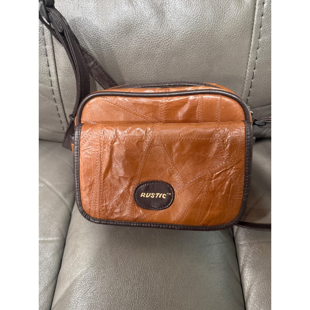 Rustic Vintage Cognac‎ Patchwork Leather Crossbody Camera Bag Brown Trim Small